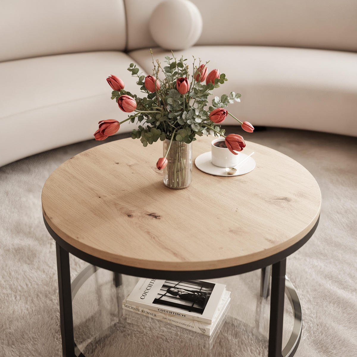 COUCHTISCH CANDY 60/42 cm runden, Schwarz / Artisan-Eiche - Schwarz/Eiche Artisan, Metall (60/60/42cm) - Idohome