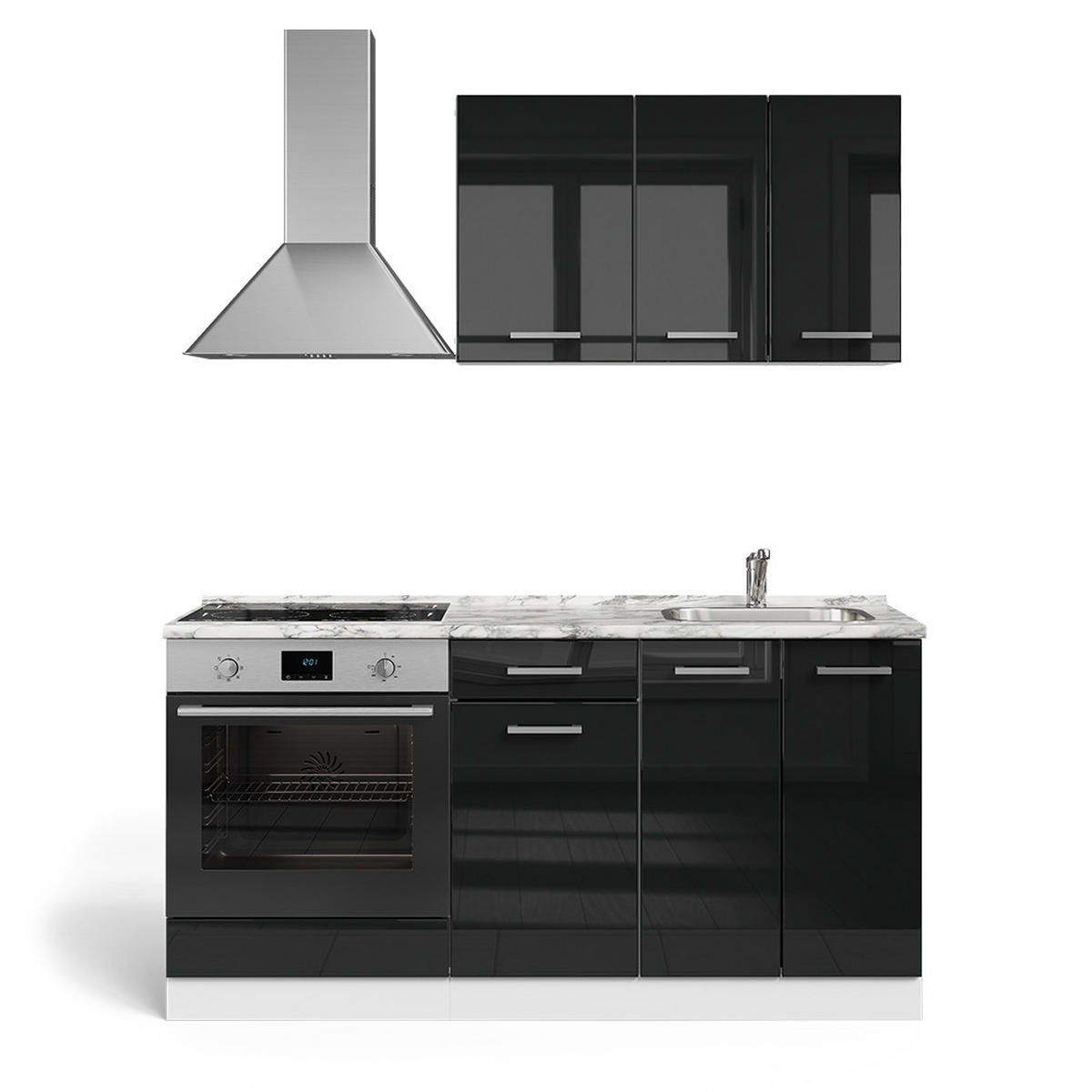 SINGLEKÜCHE R-Line Schwarz Hochglanz/Weiß 160 cm mit Herdumbauschrank und Spüle mit AP - Schwarz Hochglanz/Schwarz, Holzwerkstoff (160/81.6/46cm) - Vicco