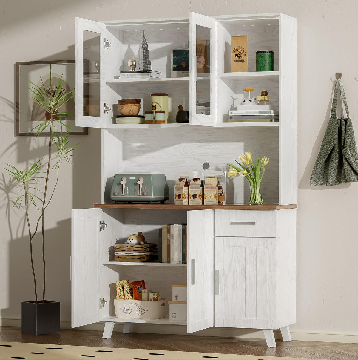 ANRICHTE Hochschrank 114/40/190 cm aus Spanplatte mit 5 Türen und Dämpfungsscharnieren Weiß/Braun - Braun, Holzwerkstoff (114/190/40cm) - Modenvie