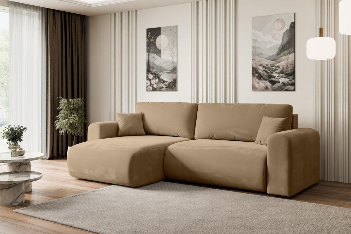 ECKSOFA mit Schlaffunktion und Bettkasten ORRO-L - 272x145x83 cm Beige Velours - Beige/Schwarz, Holzwerkstoff/Kunststoff (272/145cm) - ALTDECOR