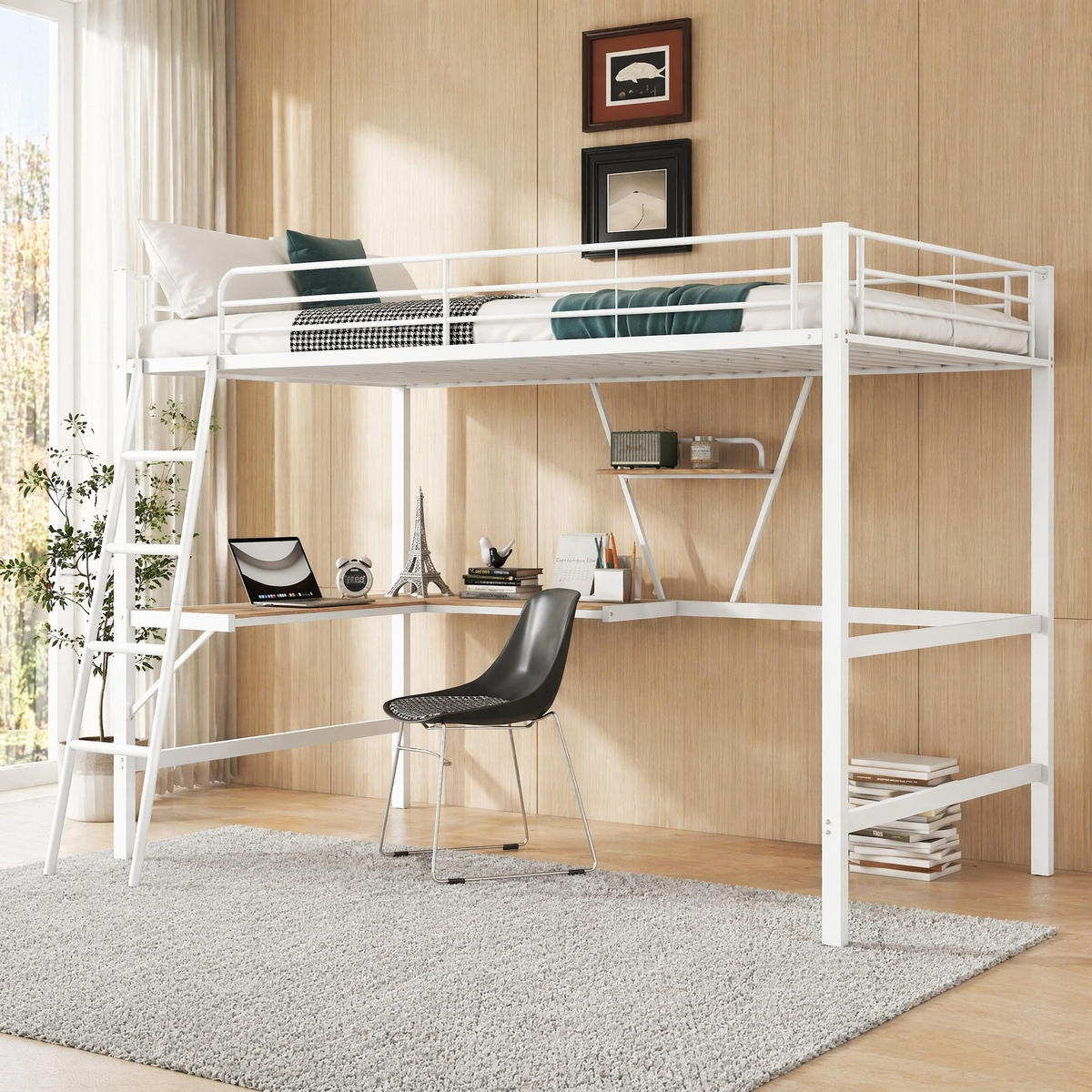 HOCHBETT 90/200 mit L-Schreibtisch, Regal und Sicherheitsgeländer in Weiß - Weiß, Holz/Metall (90/200cm) - EVRYAE