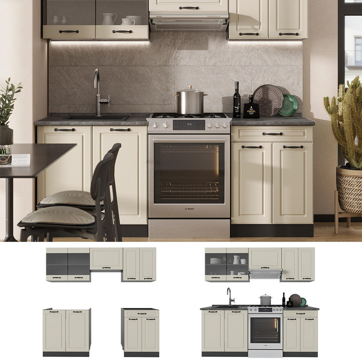 KÜCHENZEILE R-Line, Sand Landhaus/Anthrazit, 200 cm Arbeitsplatte Anthrazit - Beige/Anthrazit, Holzwerkstoff (200/81.6/60cm) - Vicco