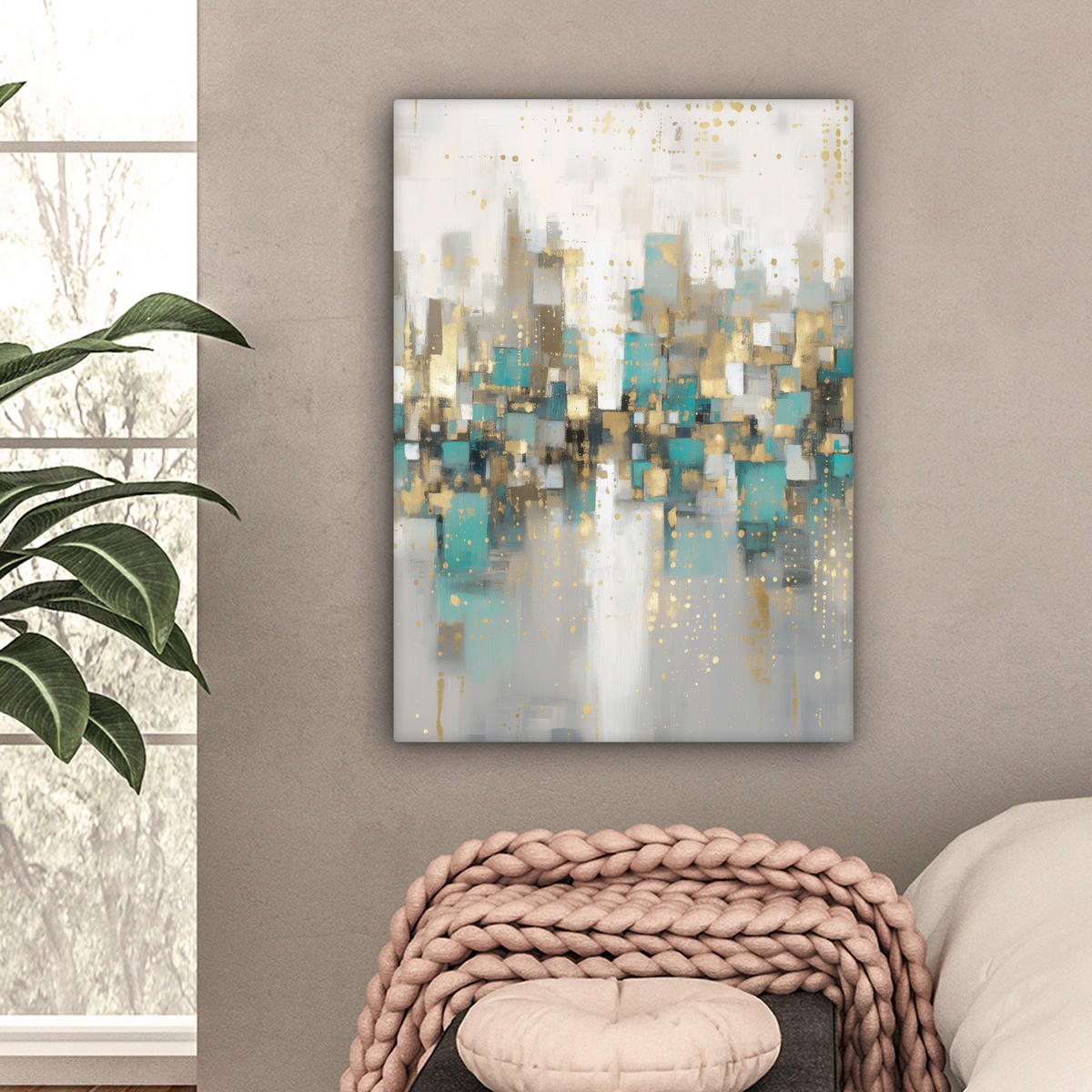 LEINWANDBILD Abstrakt - Blöcke - Gold - Skyline Wandbild Wohnzimmer 60x80 cm - Beige, Textil (60/80cm) - MuchoWow