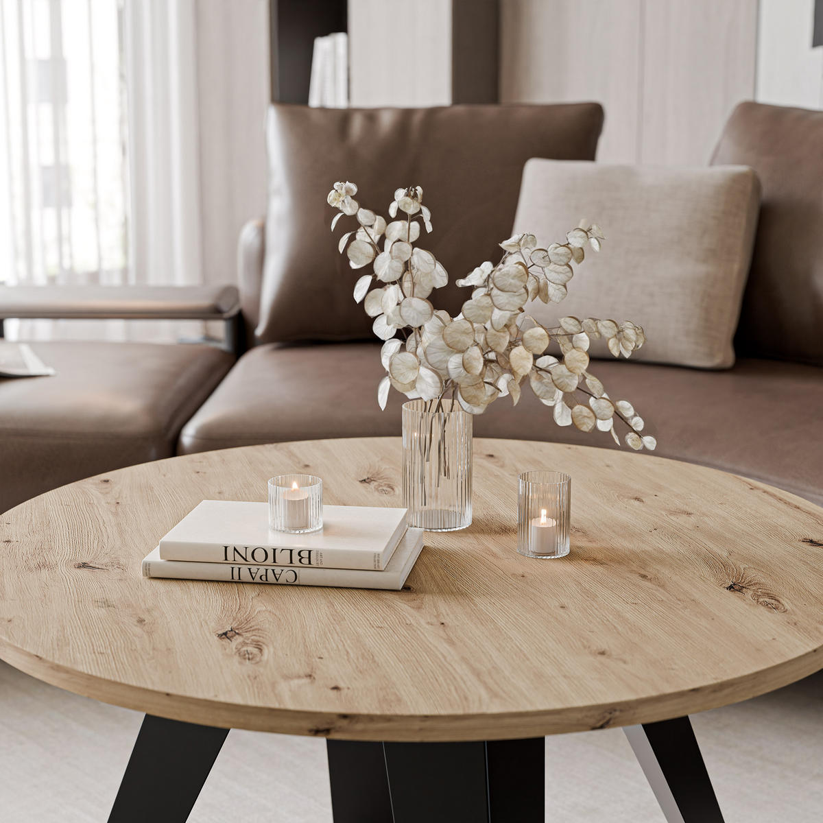 COUCHTISCH FRESCO 75/50 cm runden, Schwarz / Artisan-Eiche - Schwarz/Eiche Artisan, Metall (75/75/50cm) - Idohome