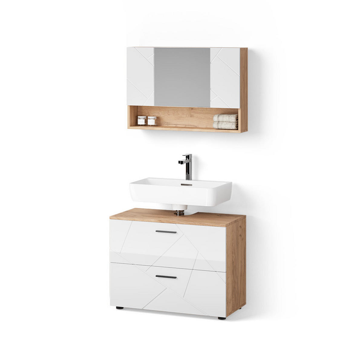 BADMÖBEL-SET Ronco Weiß Hochglanz/Goldkraft Eiche 2 Teile, Unterschrank 80 cm - Honigeiche/Weiß Hochglanz, Holzwerkstoff (80/58/41cm) - Livinity®