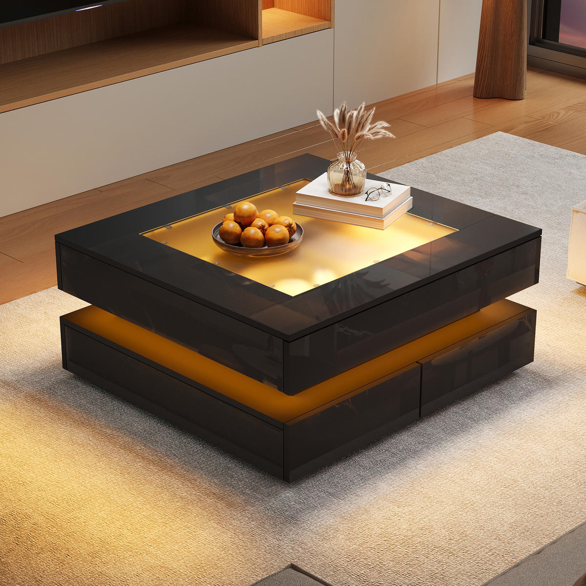 COUCHTISCH DE-37117 quadratisch mit Glasplatte, LED und 3 Schubladen Schwarz - Schwarz, Holzwerkstoff (70/70/35cm) - ComfortXL