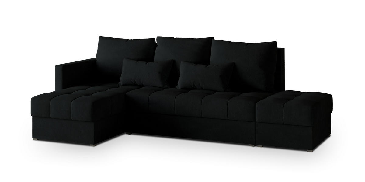 ECKSOFA LUMARI L-S Schwarz Plüsch-Stoff mit Schlaffunktion - Schwarz, Holz (262/143cm) - MASSENO