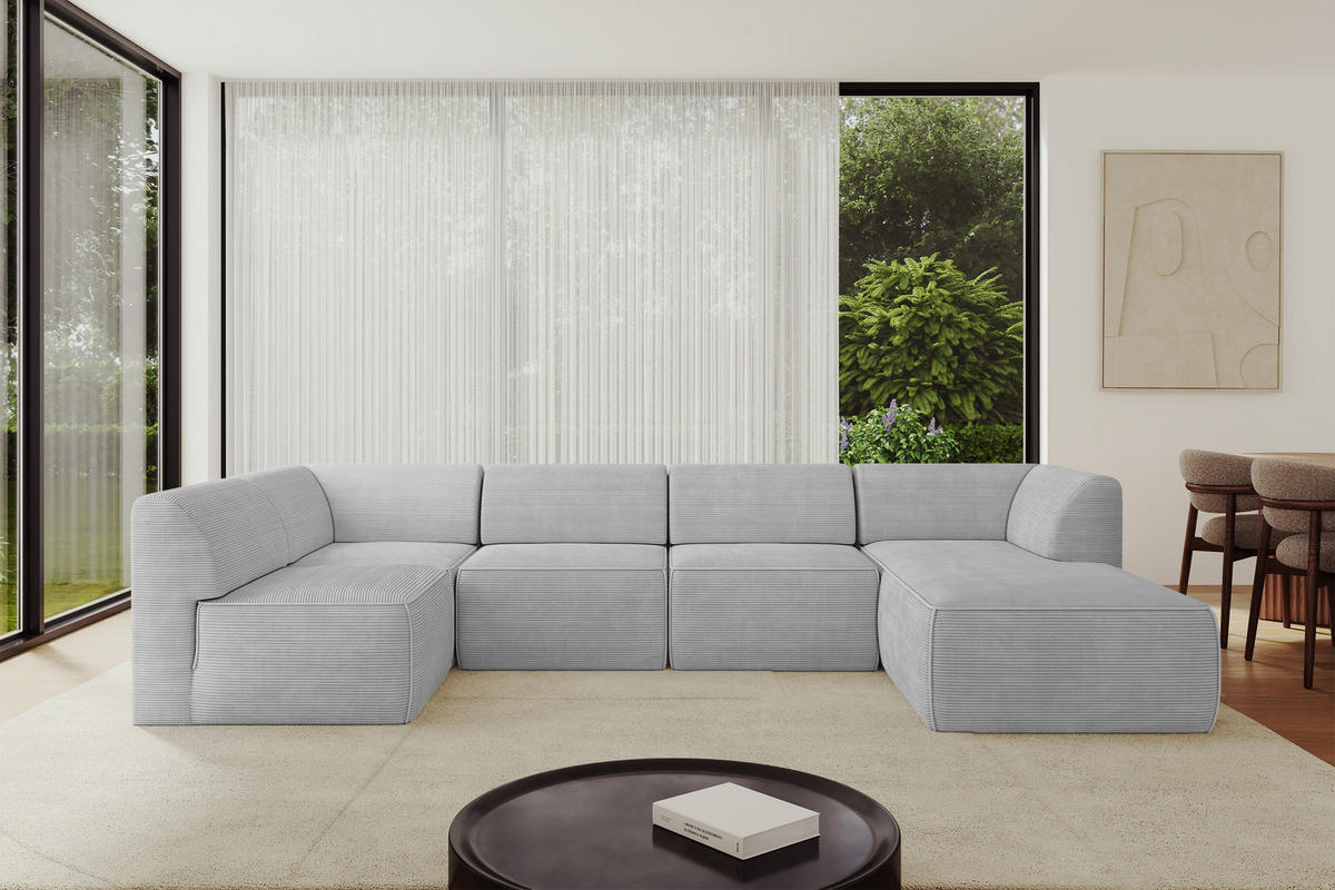 WOHNLANDSCHAFT Ottomane Rechts MOVO-L 345x180x78 cm Grau Cord - Grau, Holzwerkstoff/Kunststoff (180/78/345cm) - ALTDECOR