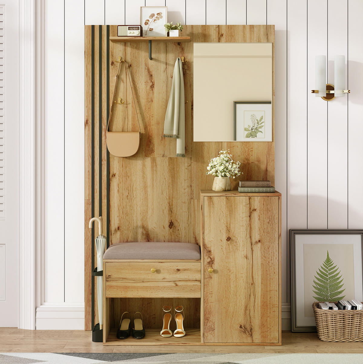 DIELENGARDEROBE mit Spiegel und Sitzbank, 115/37/185 cm, in Natur/Schwarz - Naturfarben, Holzwerkstoff (37/185/115cm) - BEAOK