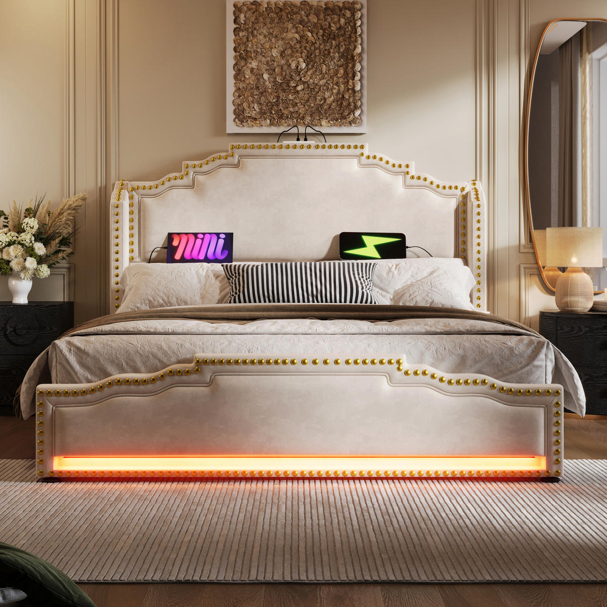POLSTERBETT 160/200 cm in Beige mit LED-Beleuchtung, 4 Schubladen und USB-C - Beige, Leder (160/200cm) - Flora Grace