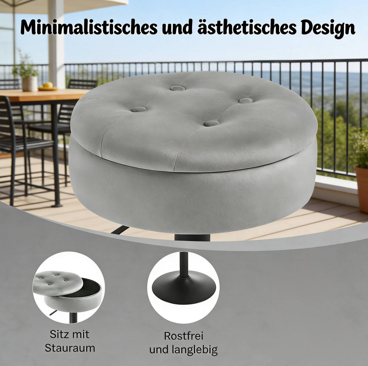 BARHOCKER mit Stauraum 39 x 39 x 79,5 cm Samt Hellgrau - Hellgrau, Metall (39/79.5/39cm) - Meubliv