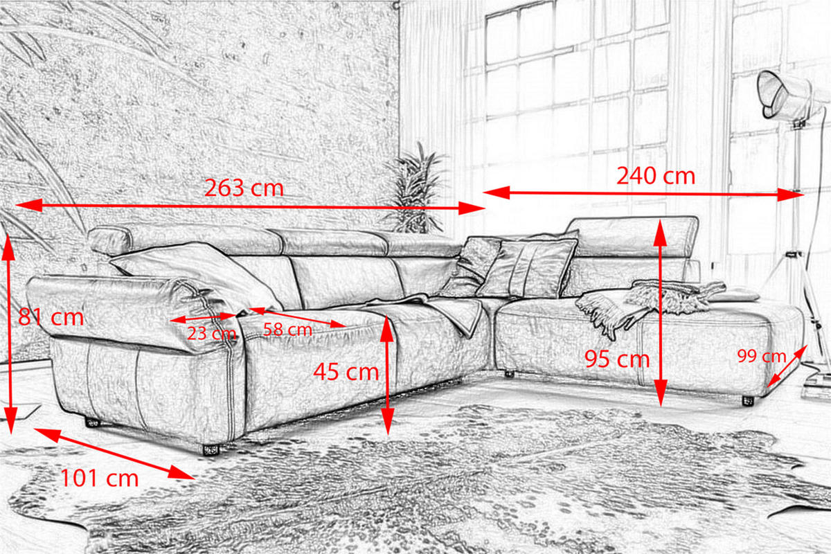 ECKSOFA MOTOR. SITZVORZUG RISO Grau Leder - Schwarz/Grau, Leder (263/240cm) - KAWOLA