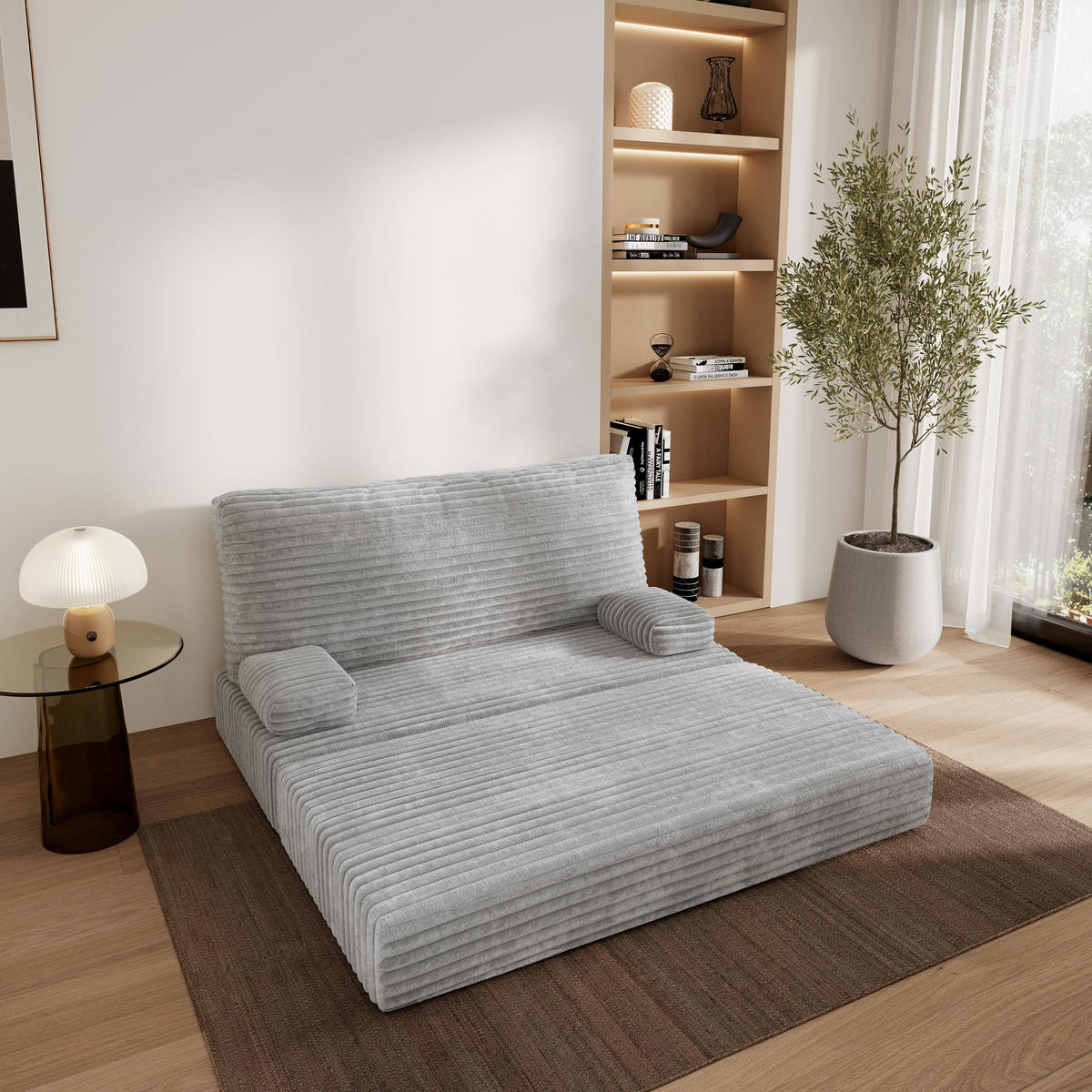POHOVKA z pěny LADIA s funkcí spaní Manšestrová látka Světle šedá - šedá/světle šedá, textil (140/86/60cm) - MASSENO