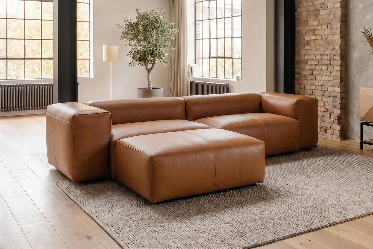 SOFA CELESTE Braun Leder - Dunkelbraun/Schwarz, Leder/Kunststoff (302/114cm) - KAWOLA