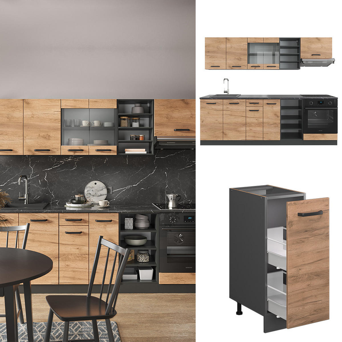 KÜCHENZEILE R-Line Goldkraft Eiche/Anthrazit 240 cm, AP Eiche - Anthrazit/Eiche Wotan, Holzwerkstoff (240/81.6/60cm) - Vicco