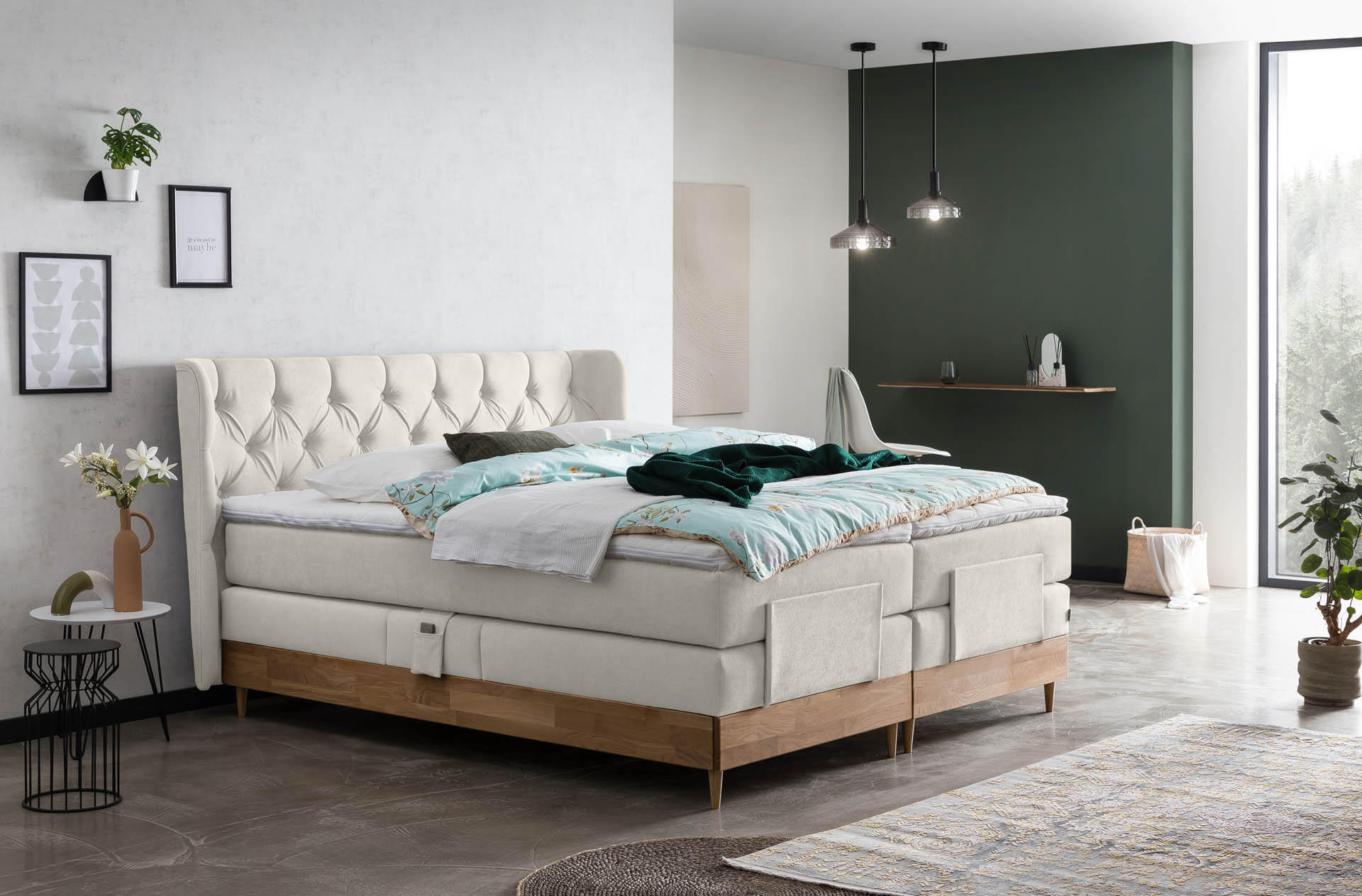 BOXSPRINGBETT ELEKTRISCH VERSTELLBAR EON 180x200 Beige H2 und H3 Bett mit Motor 7-Zonen TFK Matratze inkl. Visco Topper Motorbett mit Eiche - Beige, Textil (180/200cm) - Belanoti