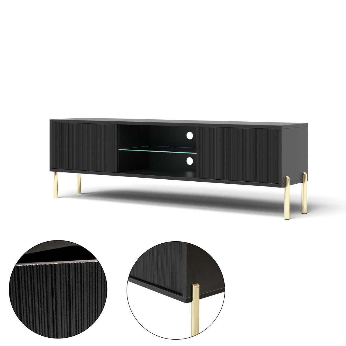 TV-SCHRANK Noxy 135x47x31,6 cm - Lowboard mit Stauraum - Tv Ständer aus Laminierter Spanplatte - Schwarz - Schwarz, Holzwerkstoff (160/55/40cm) - Chilly
