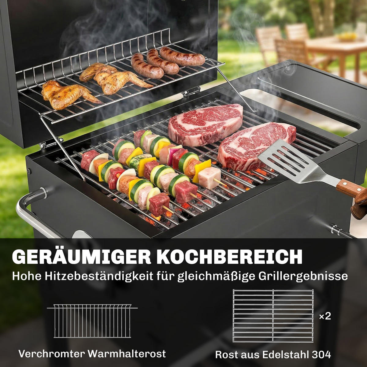 HOLZKOHLEGRILL DE-10244 kompakt mit Deckel und Thermometer Schwarz - Schwarz, Metall (59/94/75cm) - ComfortXL