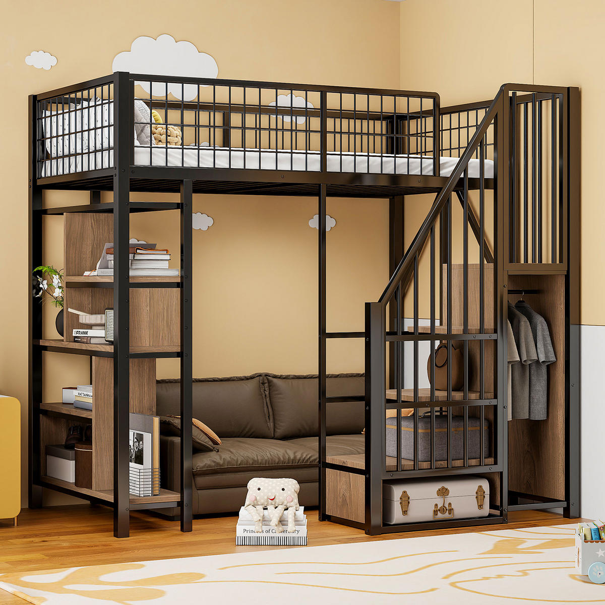 HOCHBETT 90/200 cm schwarz mit Stauraumtreppe und Ablageflächen - Schwarz, Metall (90/200cm) - OKWISH