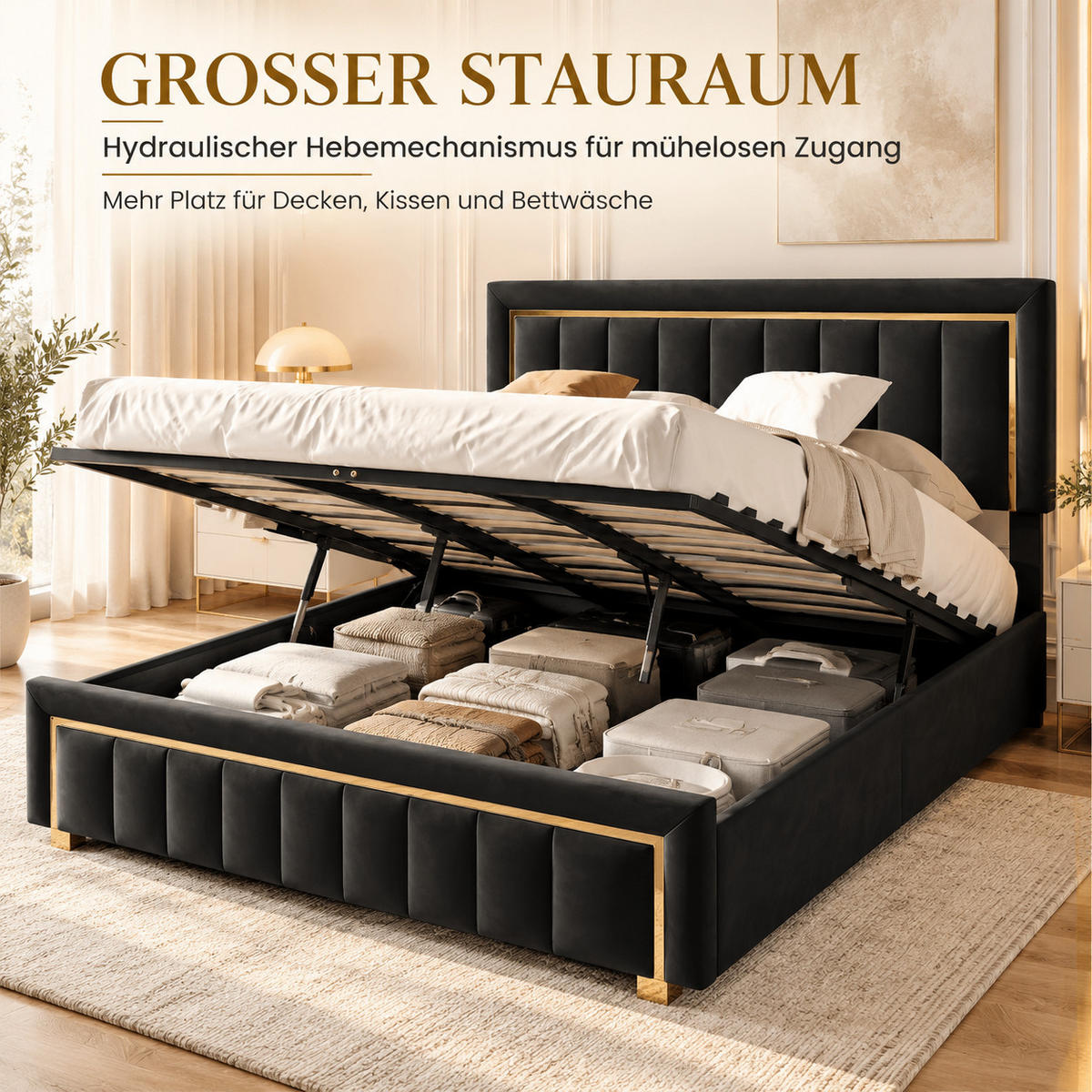 POLSTERBETT 160/200 cm, Schwarz, mit hydraulischem Stauraum, Lattenrost - Schwarz/Naturfarben, Holz/Metall (160/200cm) - FURNISHINGS HOME
