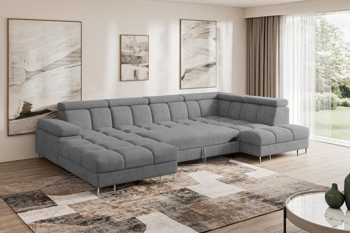 WOHNLANDSCHAFT mit Schlaffunktion und Bettkasten Ottomane RECHTS COMA U 345x203x79 Grau Velours - Grau, Holzwerkstoff/Textil (203/79/345cm) - ALTDECOR