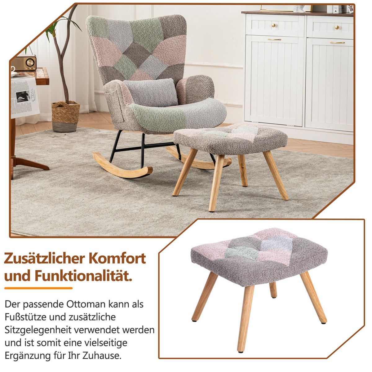 SCHAUKELSTUHL 93 cm bunt mit Fußhocker und Lendenkissen, Bezug aus Samt - Multicolor, Textil (83/91/68cm) - Flora Grace