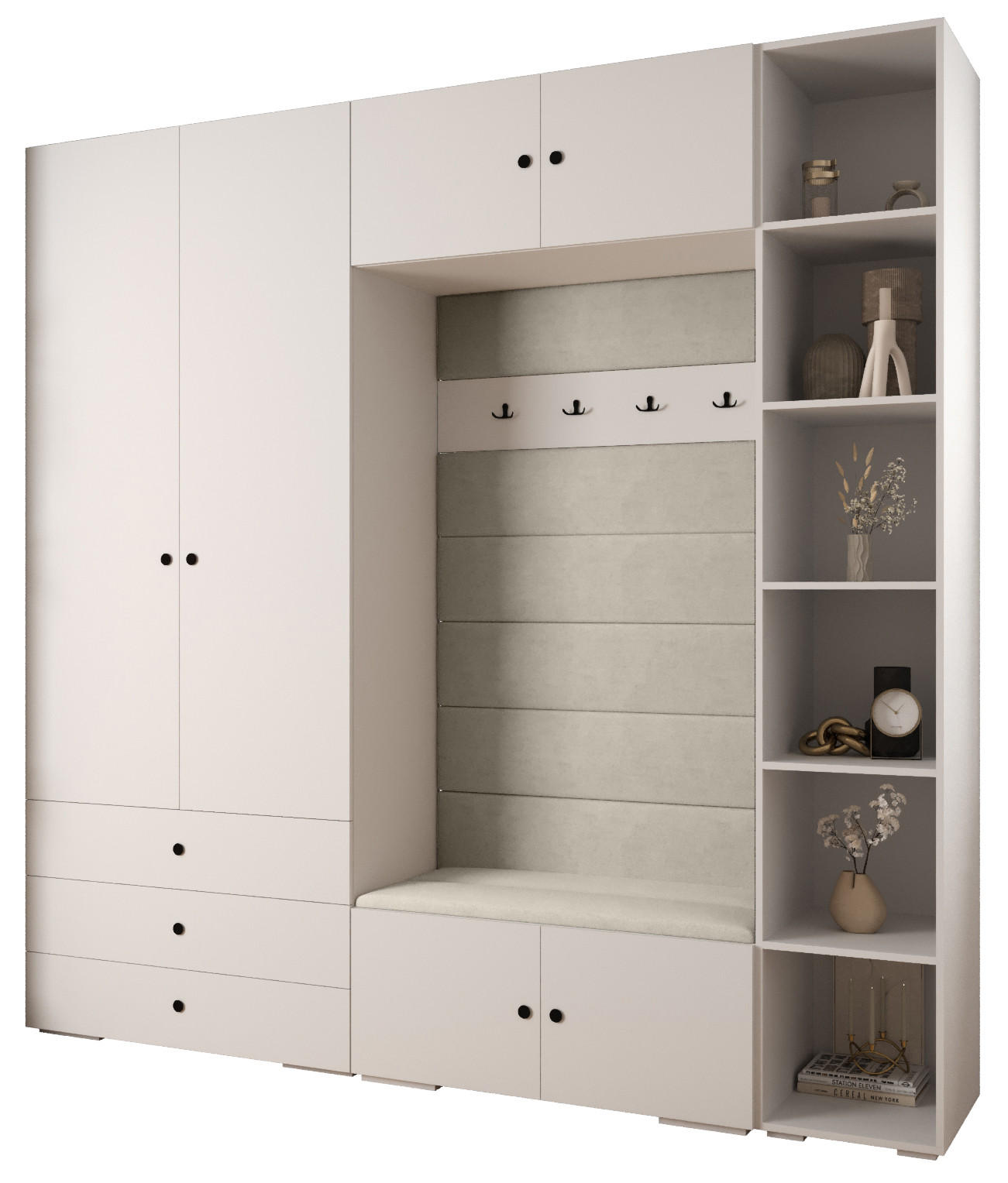 Abiks Möbel Garderoben-Set Weiß, Beige, Schwarz 240x236.7x47 cm