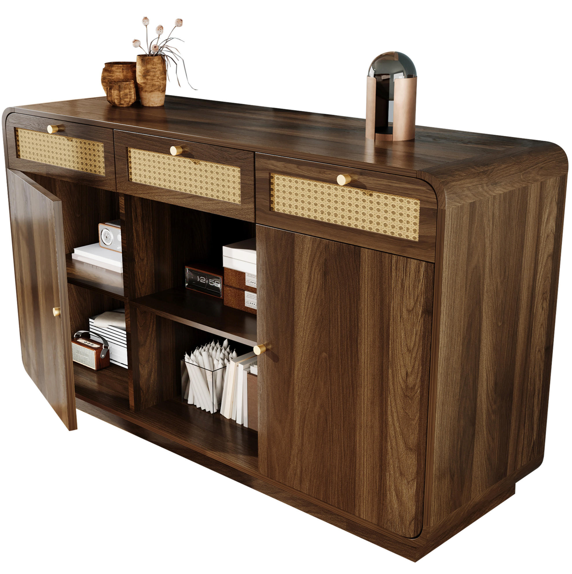 Modfu KOMODA z MDF a dřevotřísky 120x40x85 cm ořechová se 3 zásuvkami, 2 skříňkami a otevřenou policí s ratanem