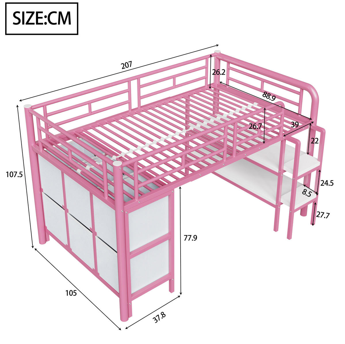 HOCHBETT 90/200 cm in Rosa mit Stauraum und breiten Stufen aus Metall - Rosa, Metall (90/200cm) - Flora Grace