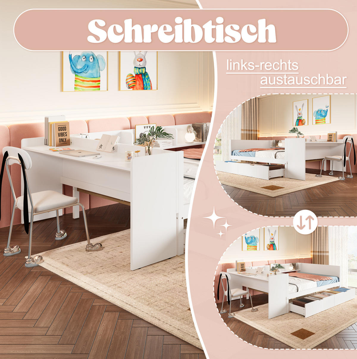 BETT 140/200 cm aus Kiefer mit Schreibtisch, Weiß - Weiß, Holz (140/200cm) - OKMYHOME