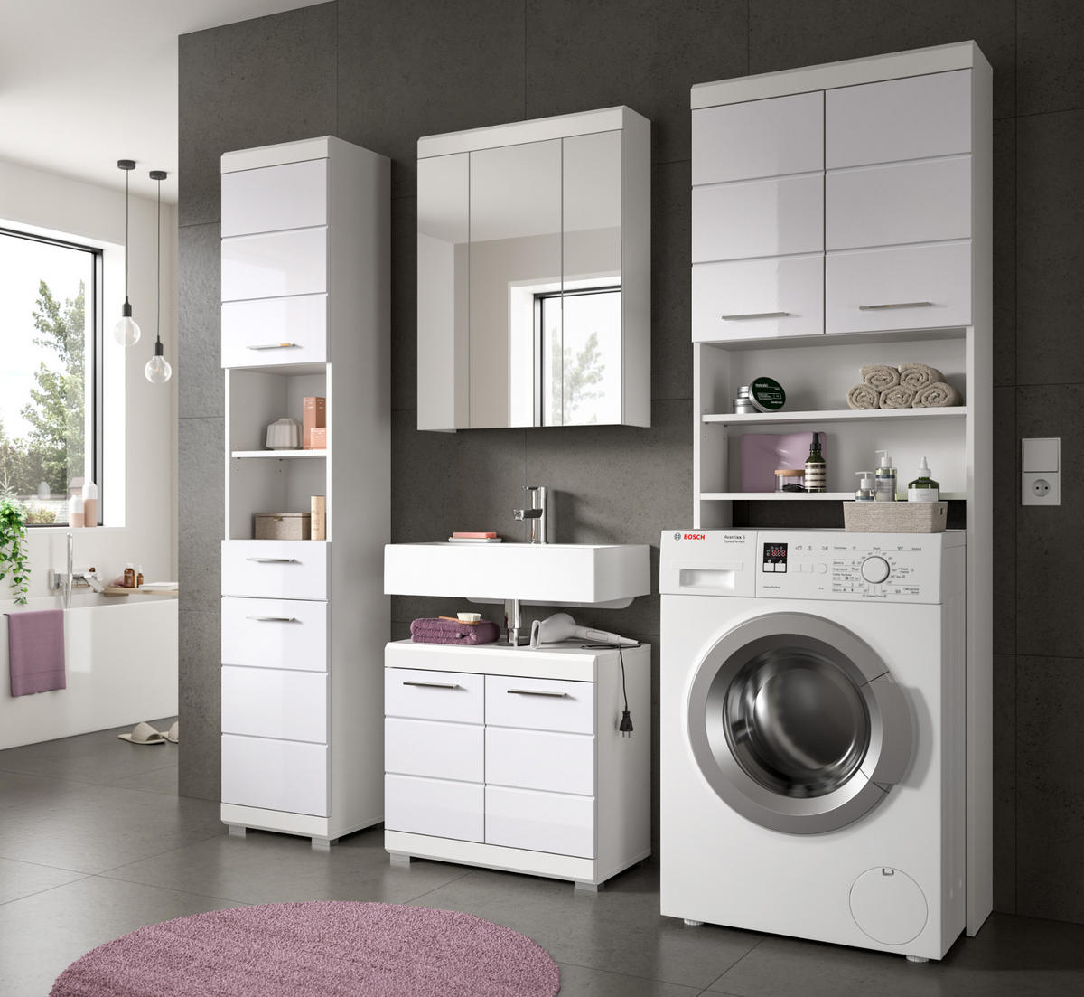 WASCHMASCHINENSCHRANK weiß Hochglanz 63 x 191 cm, Überbau mit 6 Fächern - Weiß Hochglanz/Silberfarben, Holzwerkstoff/Kunststoff (63/191/24cm) - Inn.Furn