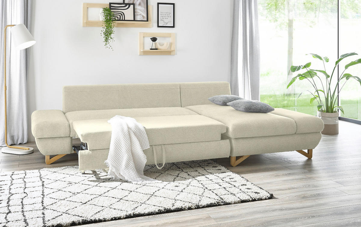 ECKSOFA beige Struktur-Stoff, Sofa mit Bettfunktion und Stauraum 284 cm - Beige, Holz/Textil (284/166cm) - Furn.Design