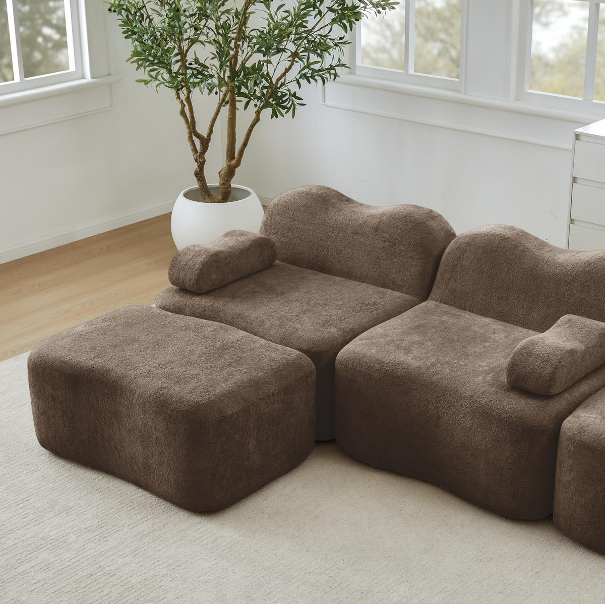 SOFA modular mit Hocker Samt Braun - Braun, Holzwerkstoff (98/70/192cm) - Meubliv