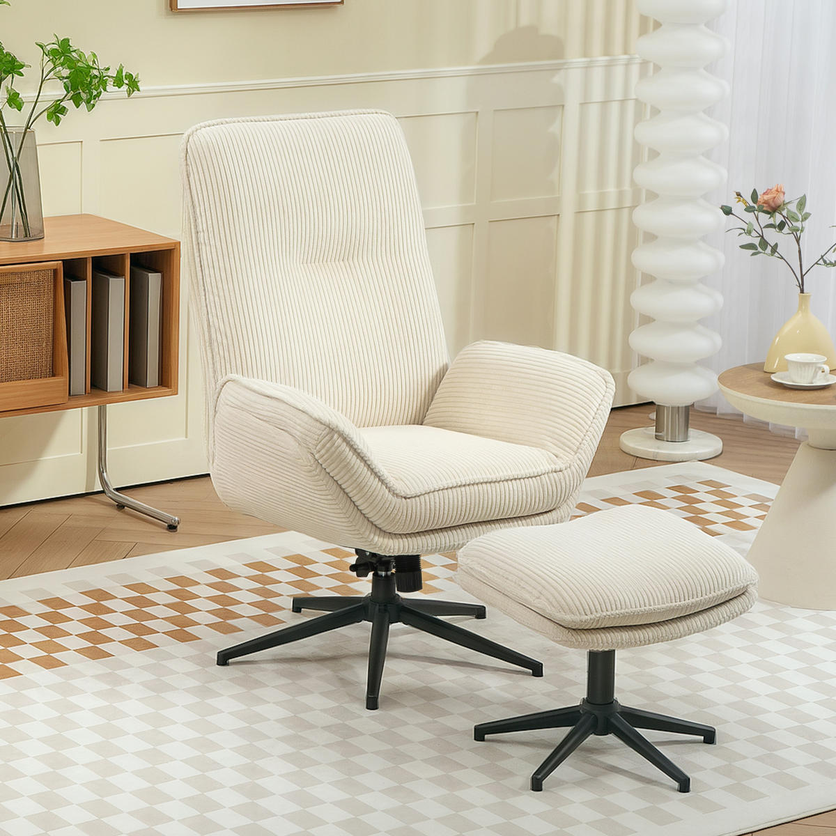 RELAXSESSEL mit Hocker 360°Drehbarer Fernsehsessel mit Liegefunktion, Cord Beige - Beige, Textil (72/107/83cm) - HOMCOM