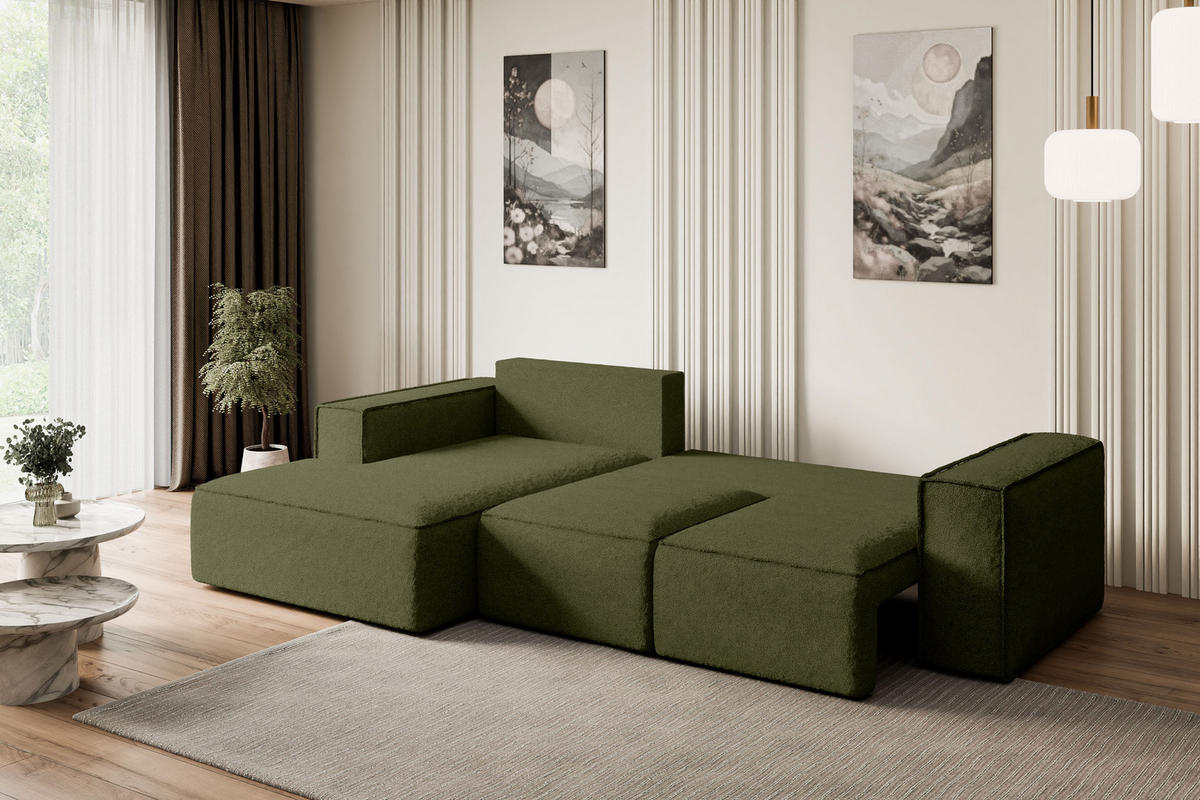 ECKSOFA mit Schlaffunktion und Bettkasten SERRA-L-S - 266x161x87 cm Grün Bouclé - Schwarz/Grün, Holzwerkstoff/Kunststoff (266/161cm) - ALTDECOR