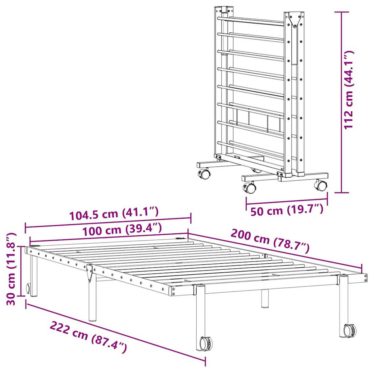 BETTGESTELL Zusammenklappbar 222/104.5/30 cm Weiß Stahl - Weiß, Metall (100/200cm) - vidaXL