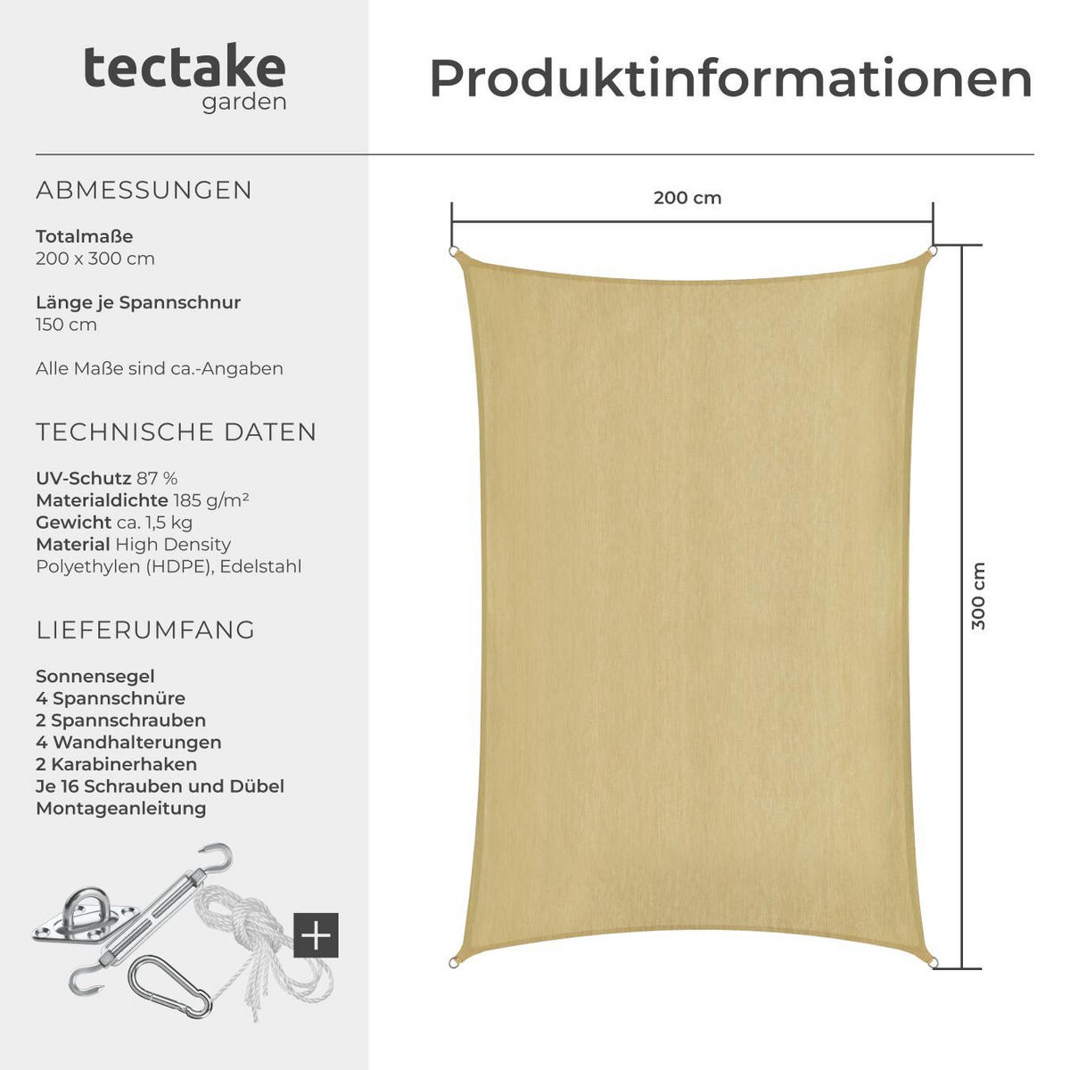 SONNENSEGEL Sunny,umfangreiches Montagematerial,Sand - Sandfarben, Kunststoff (300/200cm) - tectake