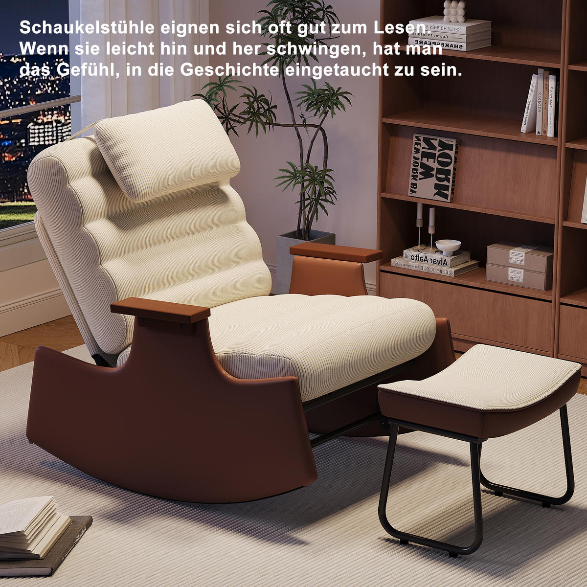 SCHAUKELSESSEL Cord mit Fußhocker & verstellbarer Rückenlehne - Beige, Holz/Textil (81/81/51cm) - PARAFTA HOME