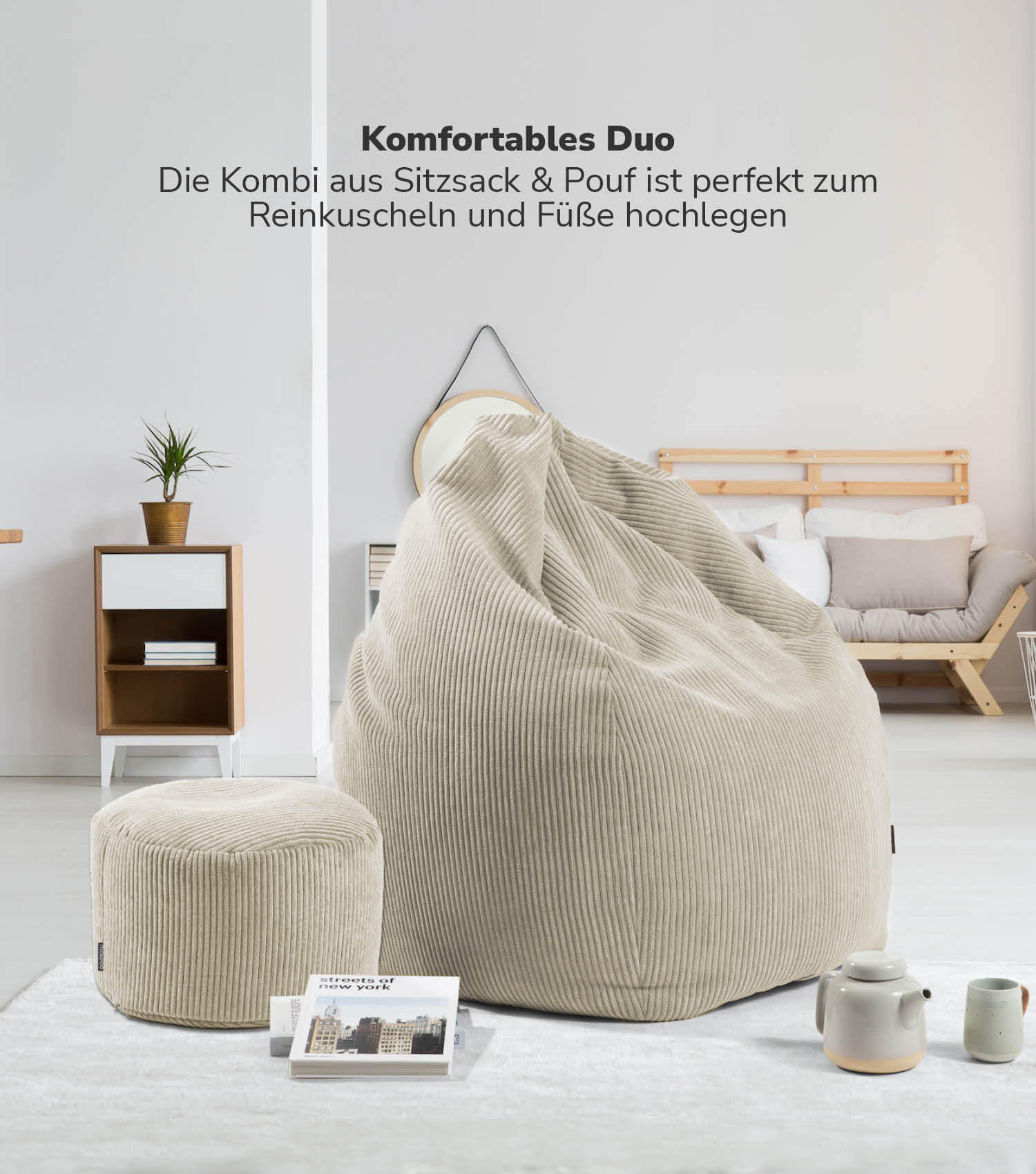 SITZSACK Cord mit Hocker Der Tagträumer - Beige, Textil (180/80/80cm) - Mokebo