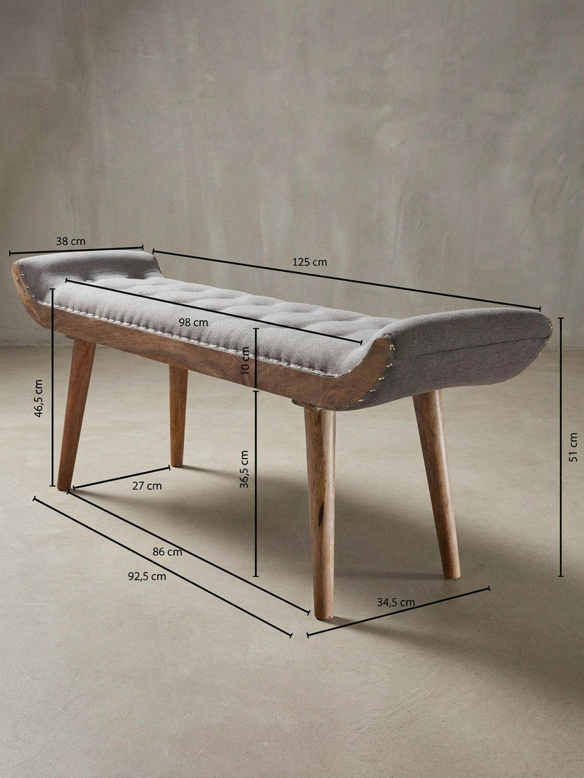 SITZBANK Massivholz Chesterfield Muster, Grau 125x38x50 cm - Braun/Grau, Mangoholz/Textil (125/50/38cm) - KADIMA DESIGN