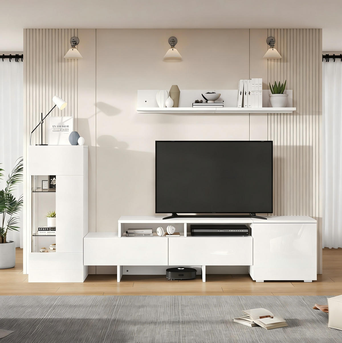 TV-WOHNWAND 3-teilig 170/35/45 cm aus Spanplatte mit LED-Beleuchtung und Hochglanzfront Weiß - Weiß, Holzwerkstoff (170/45/35cm) - Modenvie