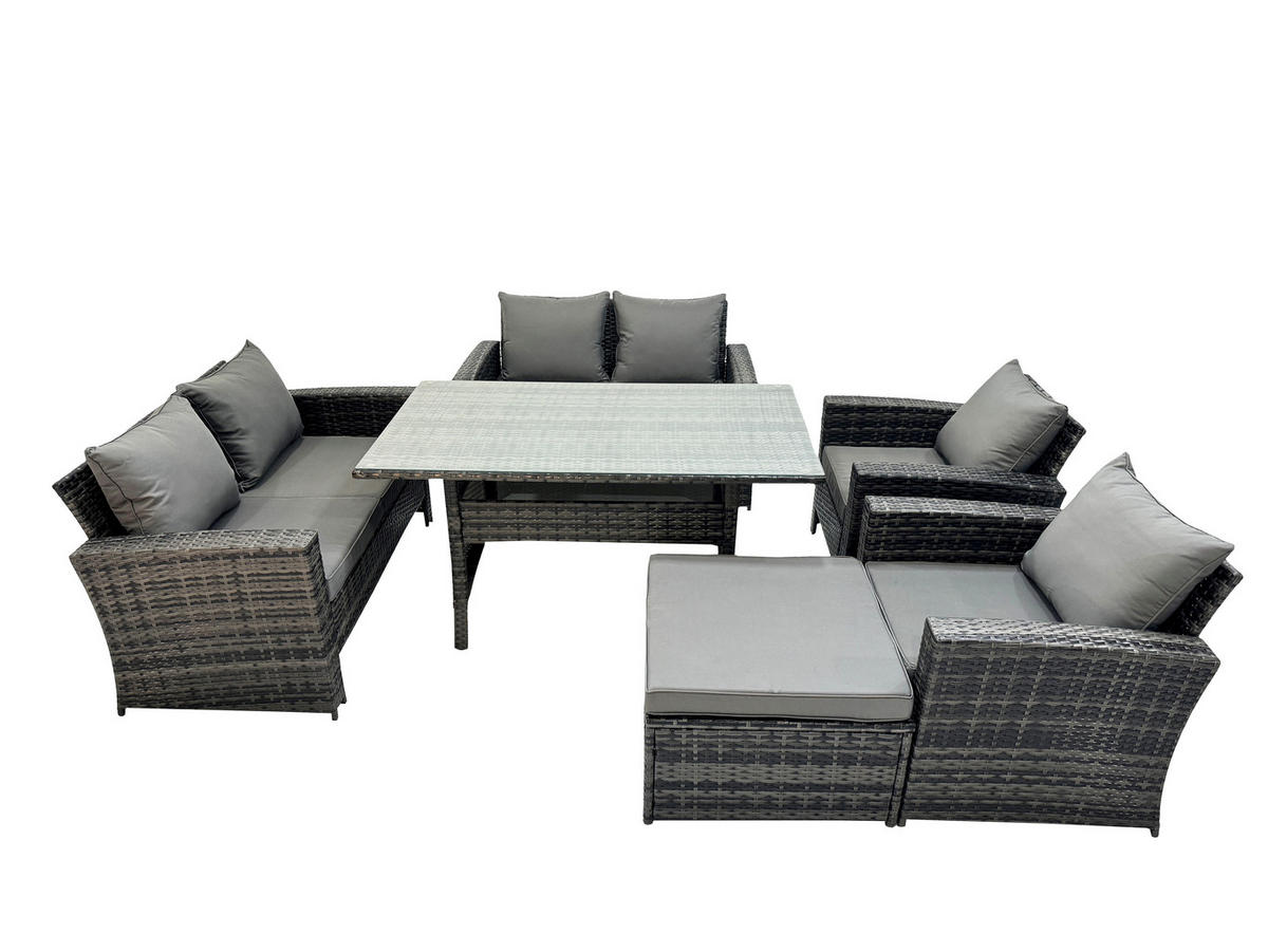 GARTENMÖBELSET mit 2 Sesseln,2 Zweisitzer,Esstisch,Hocker Polyrattan Dunkelgrau 7-Sitzer - Dunkelgrau/Grau, Glas/Kunststoff - Fimous