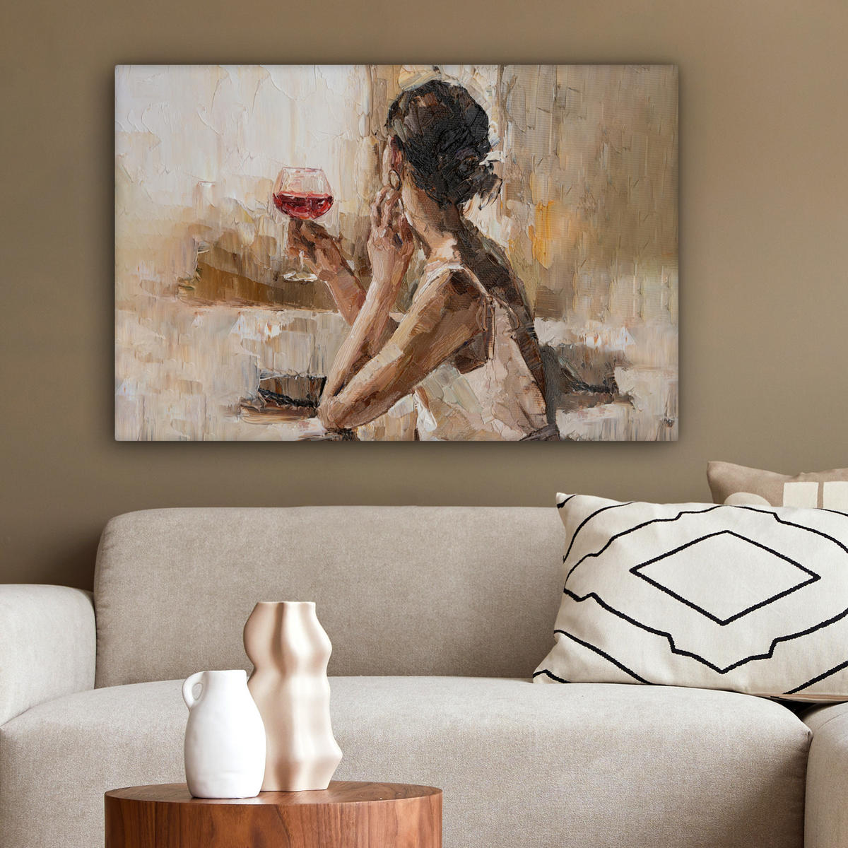 LEINWANDBILD Ölgemälde - Frau - Wein Gemälde 60x40 cm - Hellbraun, Textil (60/40cm) - MuchoWow