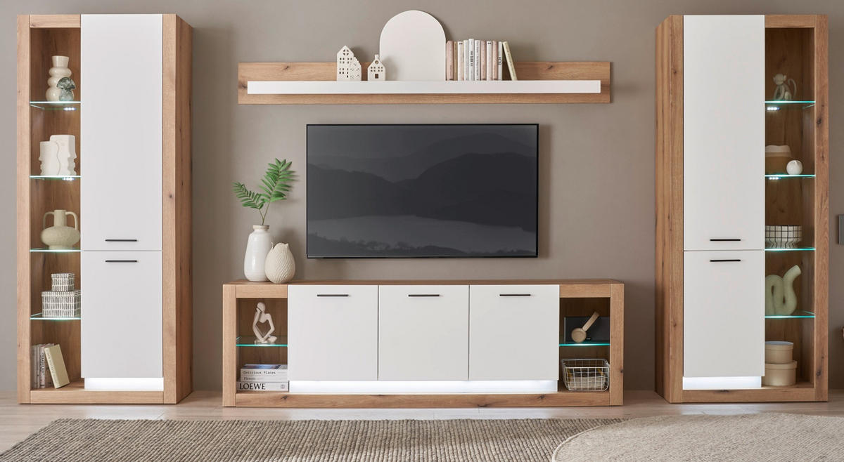 WOHNWAND weiß matt, Evoke Eiche, Wohnkombination Set 4-teilig 398 cm - Eichefarben/Silberfarben, Glas/Holzwerkstoff (398/195/43cm) - Furn.Design