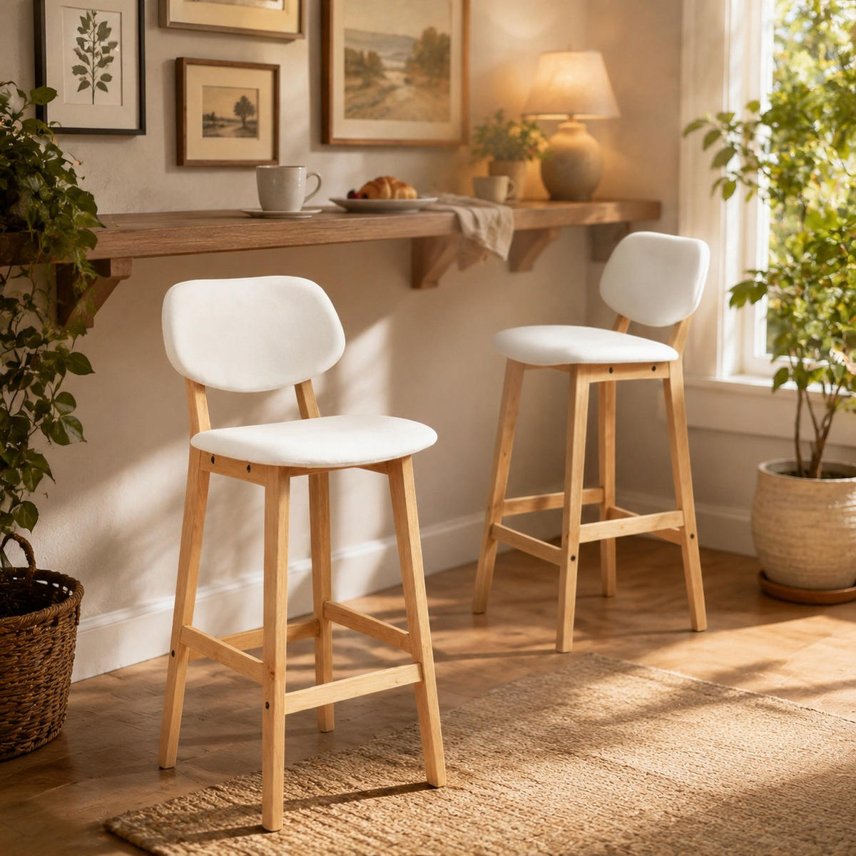 BARHOCKER 2er-Set Weiß mit Rückenlehne aus Kunstleder und Massivholz - Weiß, Holz (37.5/91.5/43cm) - MIVRAY