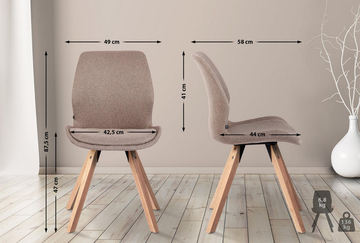 STUHL 4er Set Stoff taupe - Taupe/Eukalyptusholzfarben, Holz/Textil (49/87.5/58cm) - CLP