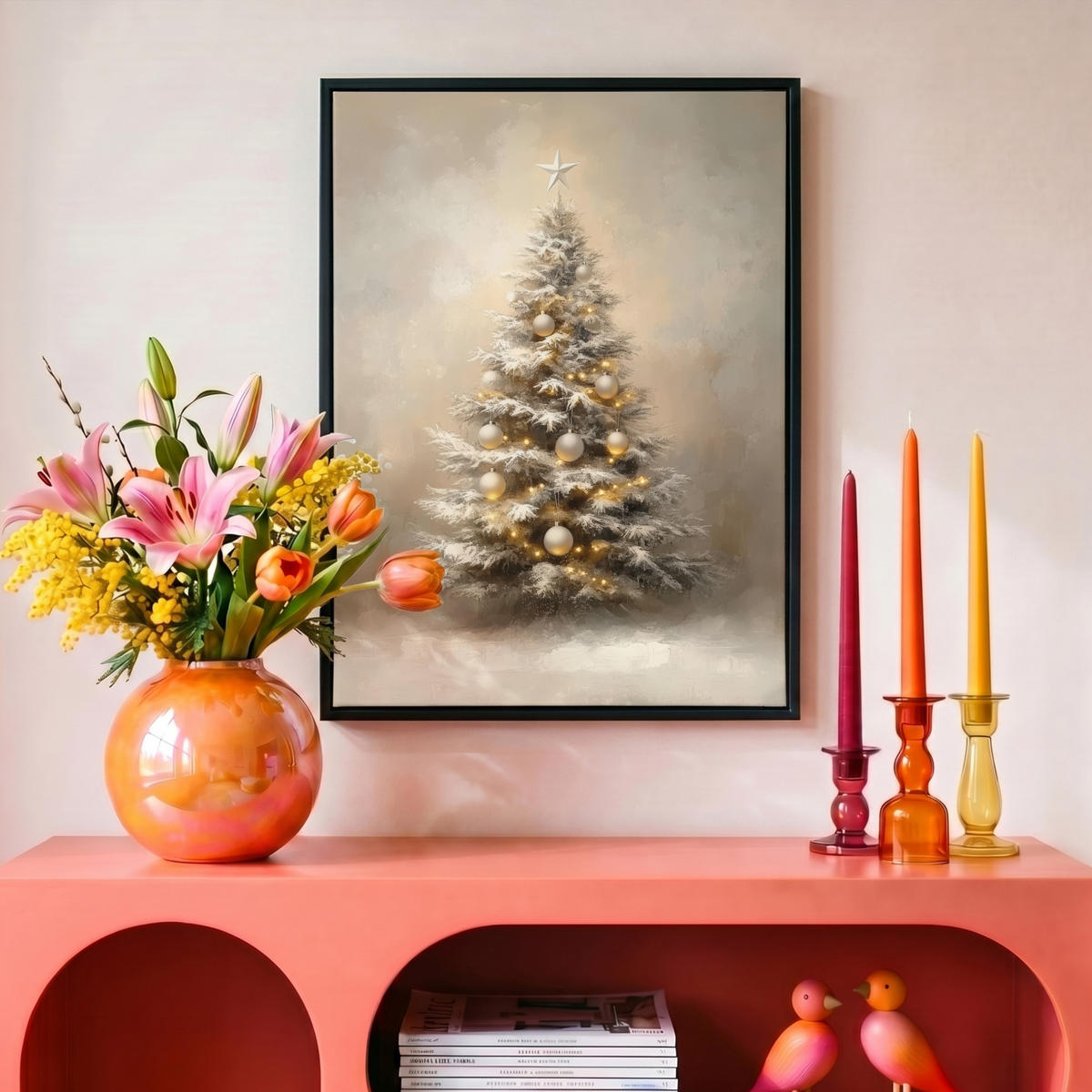 LEINWAND Bilder mit Rahmen - Weihnachten - Weihnachtsbaum - Schnee - Kunst - 30x40 - Champagner, Textil (30/40cm) - MuchoWow