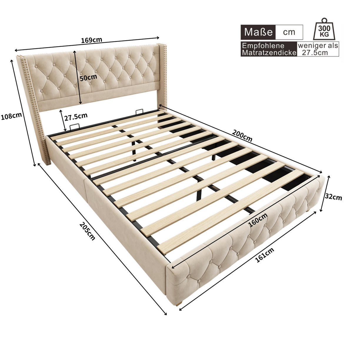 POLSTERBETT 160/200 cm Hellbeige mit Lattenrost und Kopfteil, Knopfpolsterung - Beige, Textil (160/200cm) - OKWISH