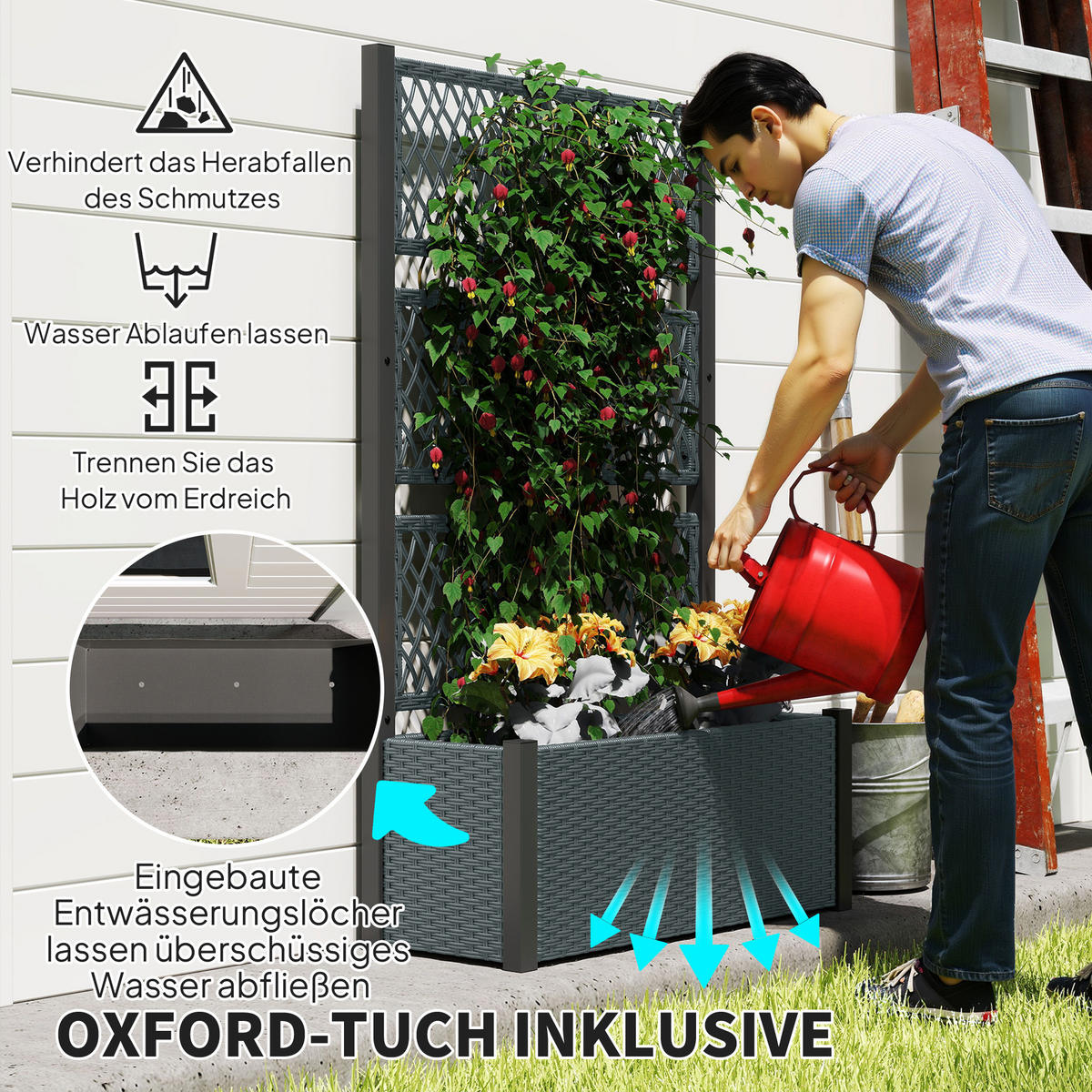 HOCHBEET mit Rankgitter in Rattan-Optik Pflanzkasten Blumenkasten mit Rankhilfe - Dunkelgrau, Metall (35/148/90cm) - Outsunny