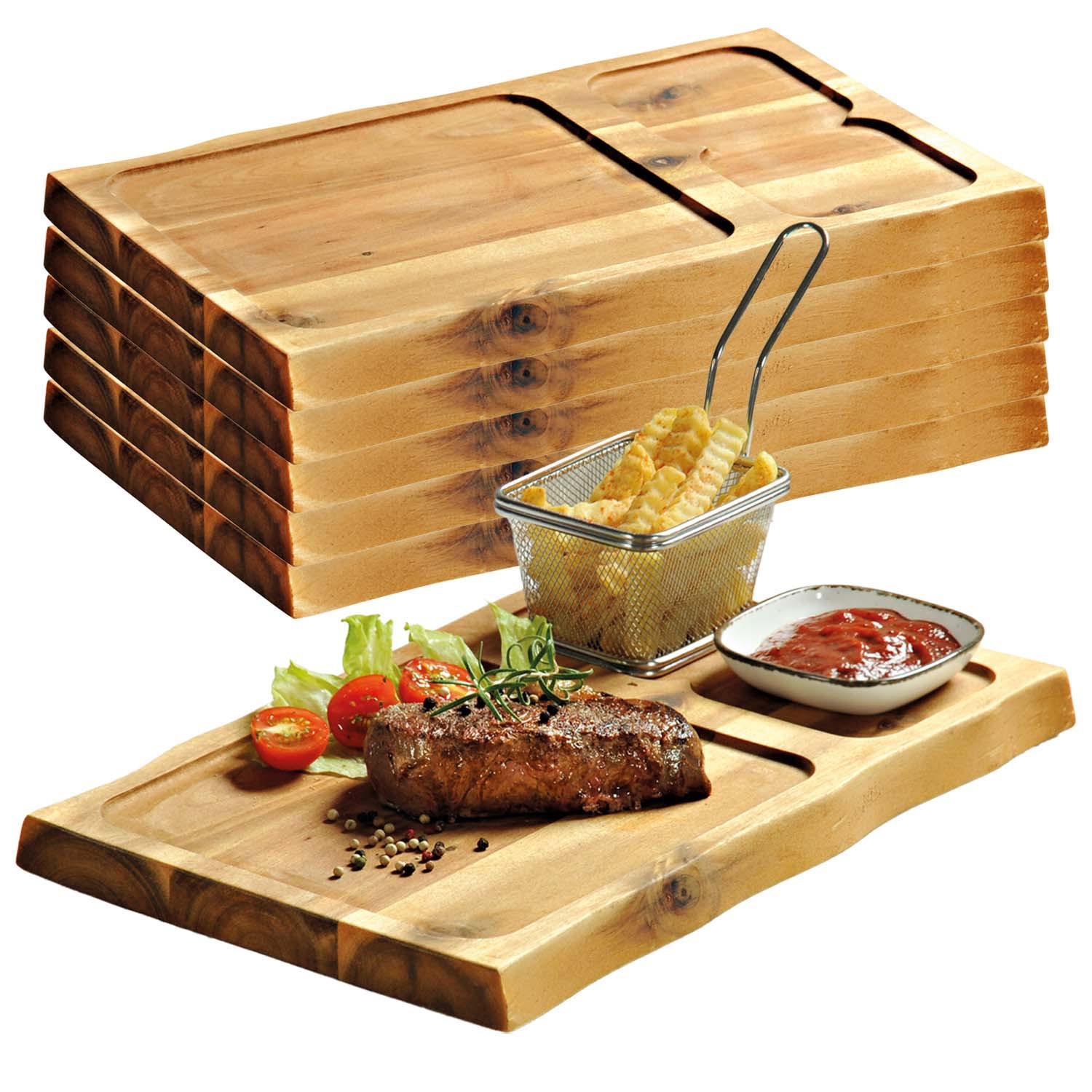 SERVIERBRETTER mit Vertiefung, 6 Stück - Akazienholz - Naturfarben, Holz (24/2.5/37.5cm) - Kesper